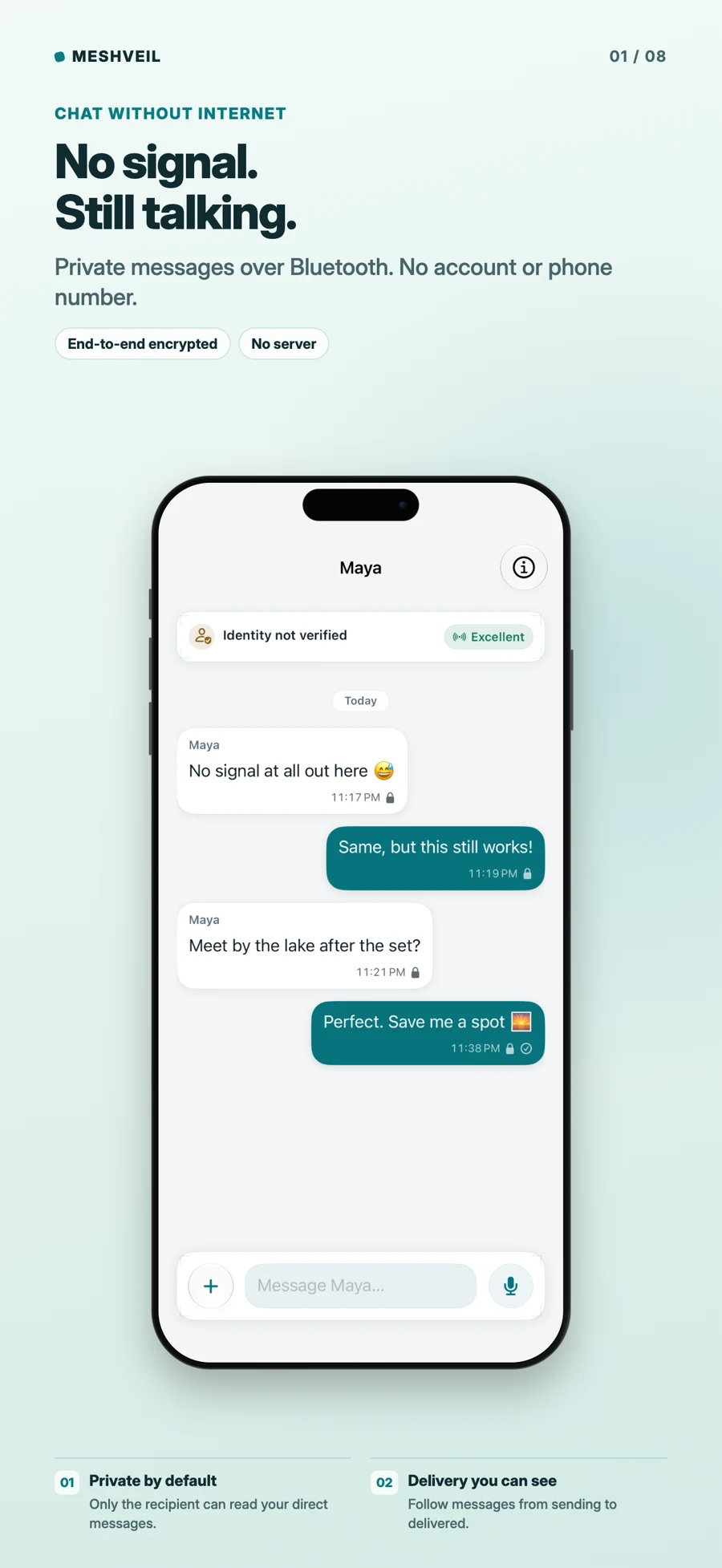 Meshveil app preview showing a Bluetooth conversation with sample messages