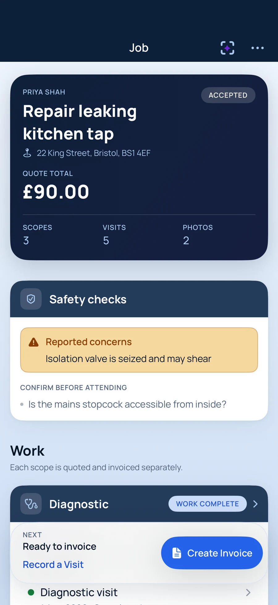 TradeSnap AI: a job brief with work scopes and invoicing